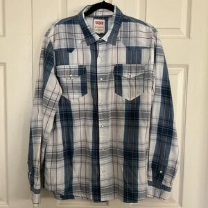 Levi's White Blue Plaid Western Pearl Snap Long Sleeve Button Down Shirt Men's L